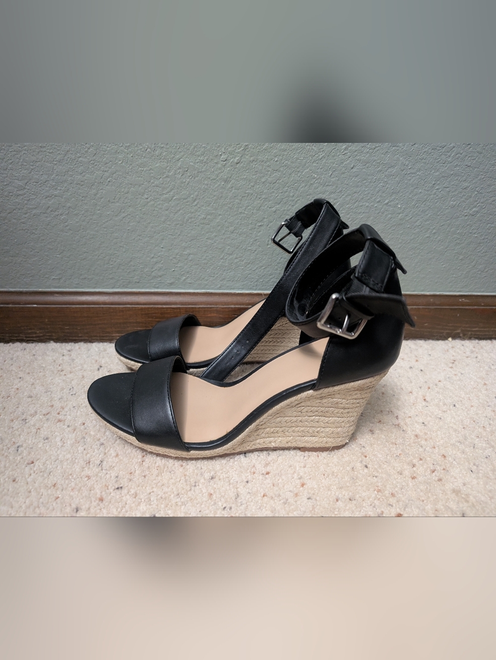 a new day Black Espadrille Wedge Sandals with Ankle Buckle
